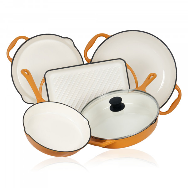 Mahlzeit 5-teiliges Pfannenset, Sunny Orange, mit Grillpfannen, Grillplatte und Paella Pfanne