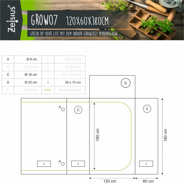 ZELSIUS Grow Tent 120 x 60 x 180 cm schwarz/grün Pflanzenzucht Indoor
