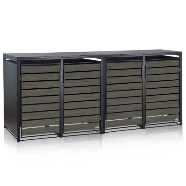 Zelsius Mülltonnenbox-Set für vier Mülltonnen | Anthrazit RAL 7016 | Tür in dunkelgrauer Holzoptik