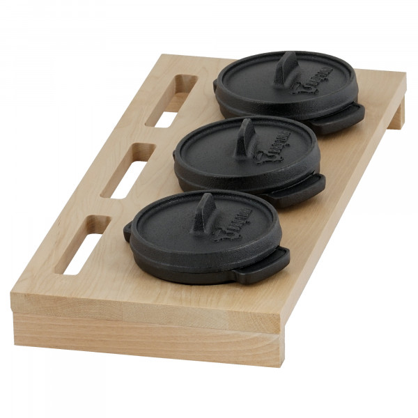 BBQ-Toro Mini Dutch Oven Set mit Holzunterlage | 3 x Ø 11 cm | Gusseisen Töpfe