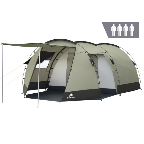 CampFeuer Zelt Super+ für 4 Personen, Olivgrün / Schwarz, XXL Tunnelzelt mit 2 Eingängen und Vordach