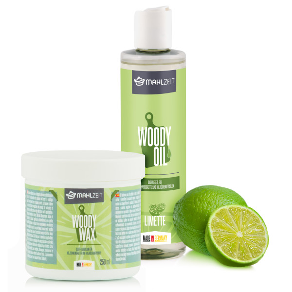 Mahlzeit Holzpflege Set WOODY WAX aus Bienenwachs + WOODY OIL für Schneidebretter, Limettenduft